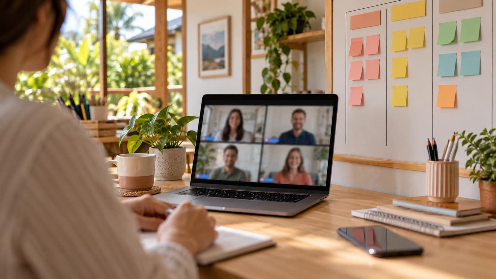 Foto de una reunión virtual en una laptop con una pizarra de tareas por etapas al lado, en una oficina pequeña y luminosa