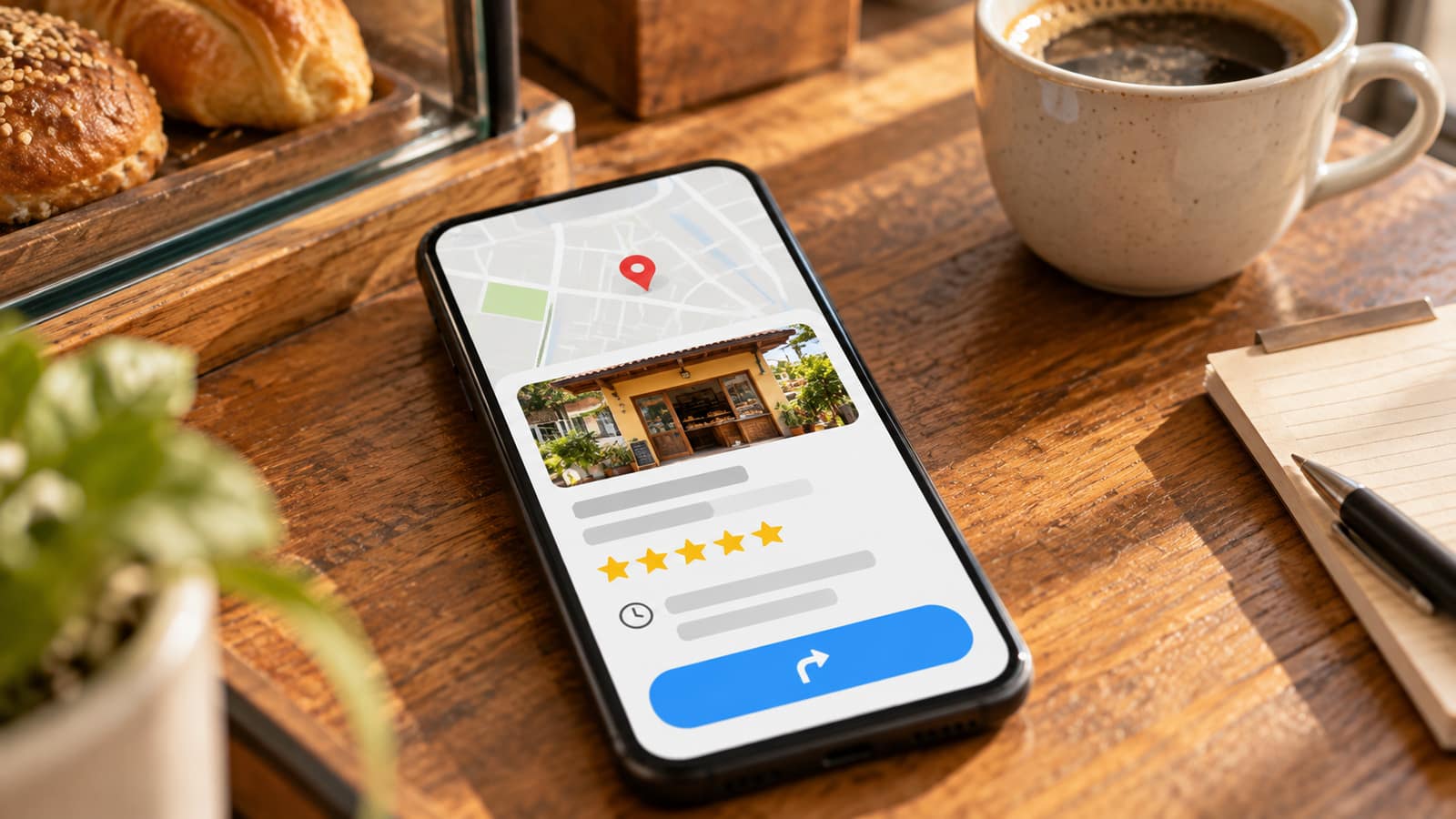 Foto de un celular que muestra el perfil de un negocio en Google Maps con horario, fotos y reseñas, sobre el mostrador de una tienda