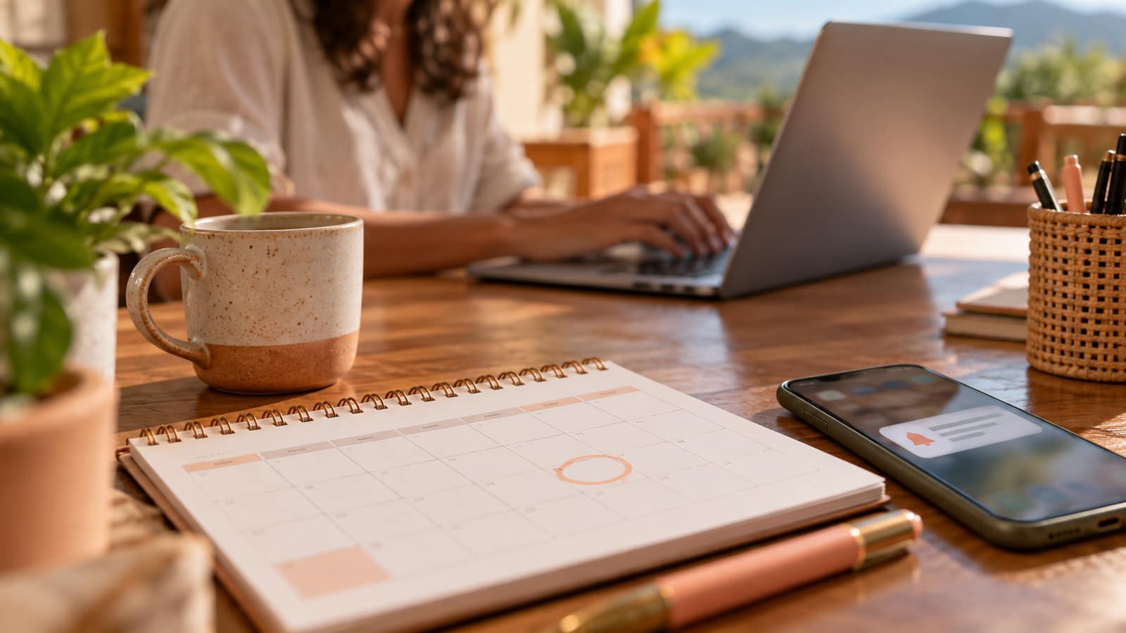 Foto de un escritorio con un calendario marcando una fecha de renovación, un celular con un recordatorio y una laptop desenfocada al fondo