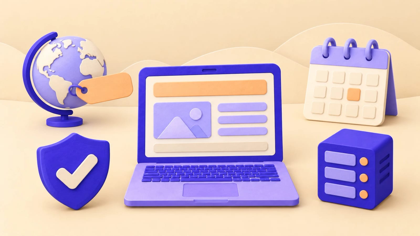 A laptop with a website surrounded by a globe with a domain tag, a calendar, a security shield and a server