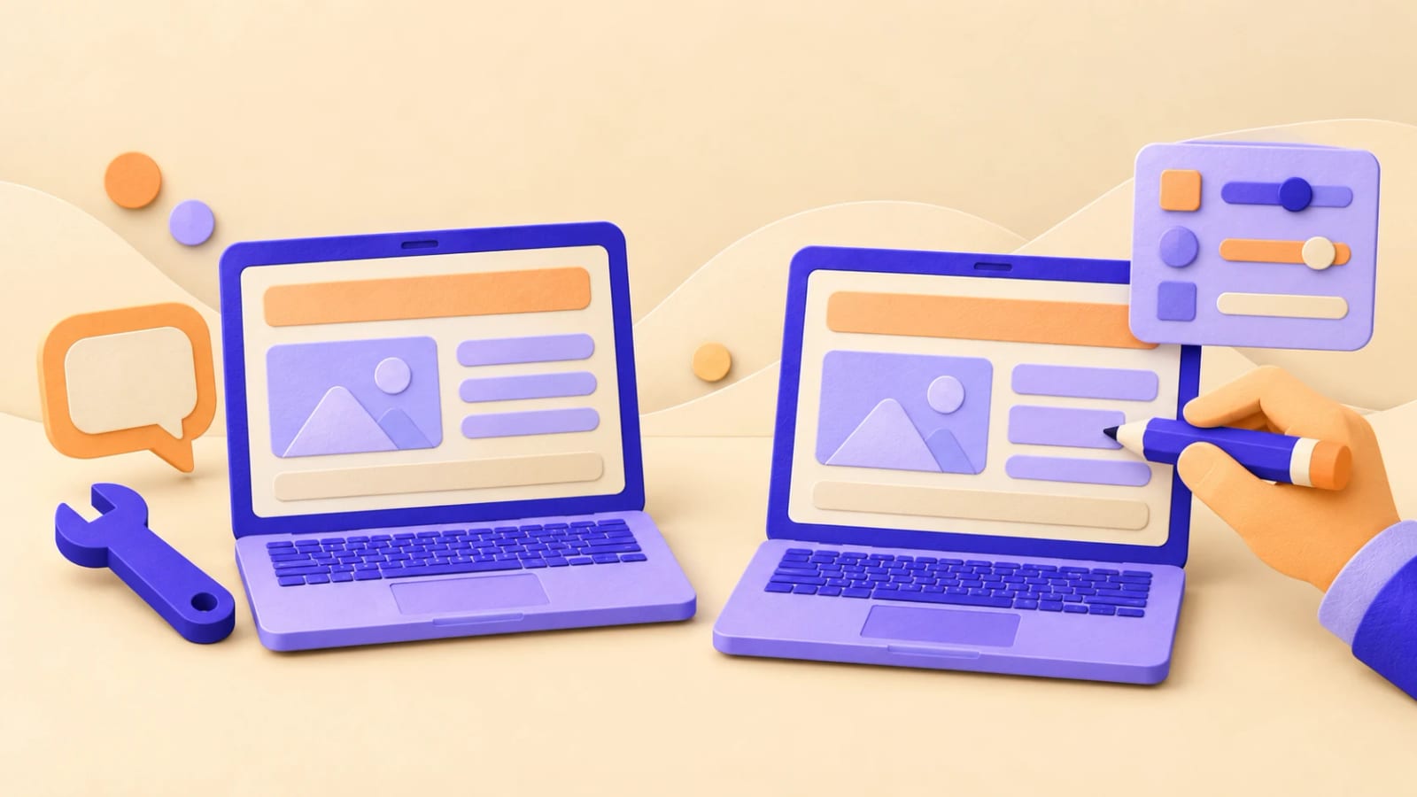 Two laptops with the same website: on one the provider makes the changes, on the other the owner edits the text from a dashboard