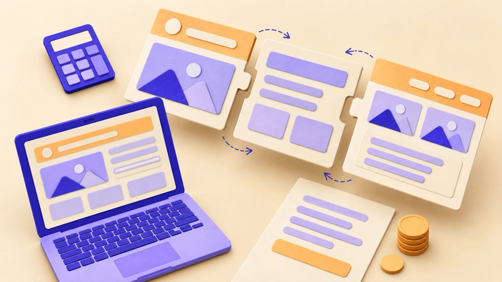 Illustration of a laptop with a website being built, a calculator and a quote with coins