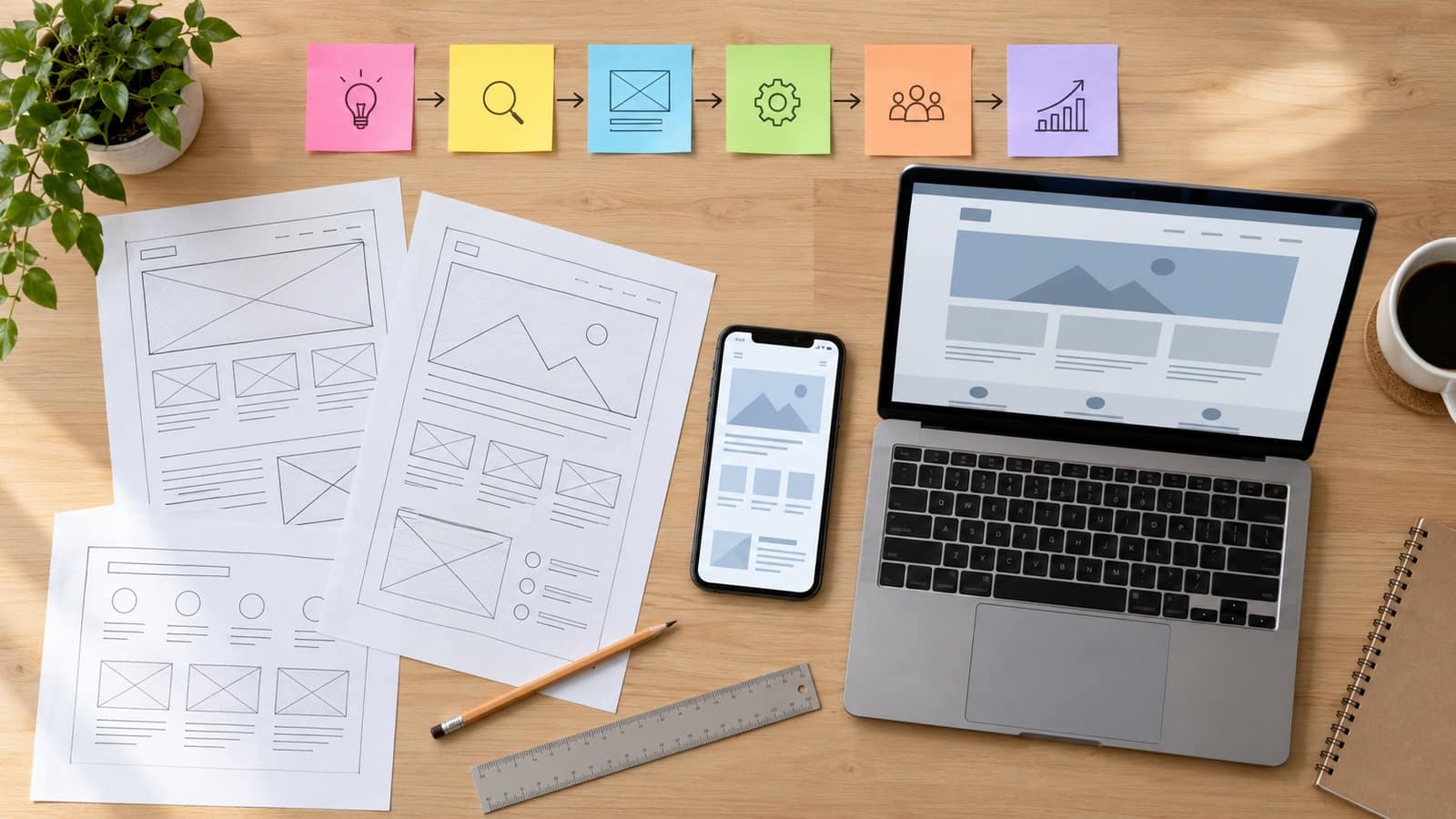 Photo of a work table with website sketches, sticky notes with the project stages and a laptop showing a site under construction