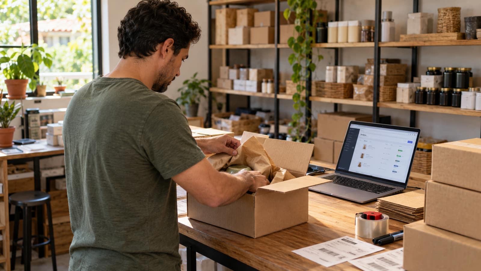 Photo of a Costa Rican entrepreneur packing orders in his storeroom while checking sales on a laptop