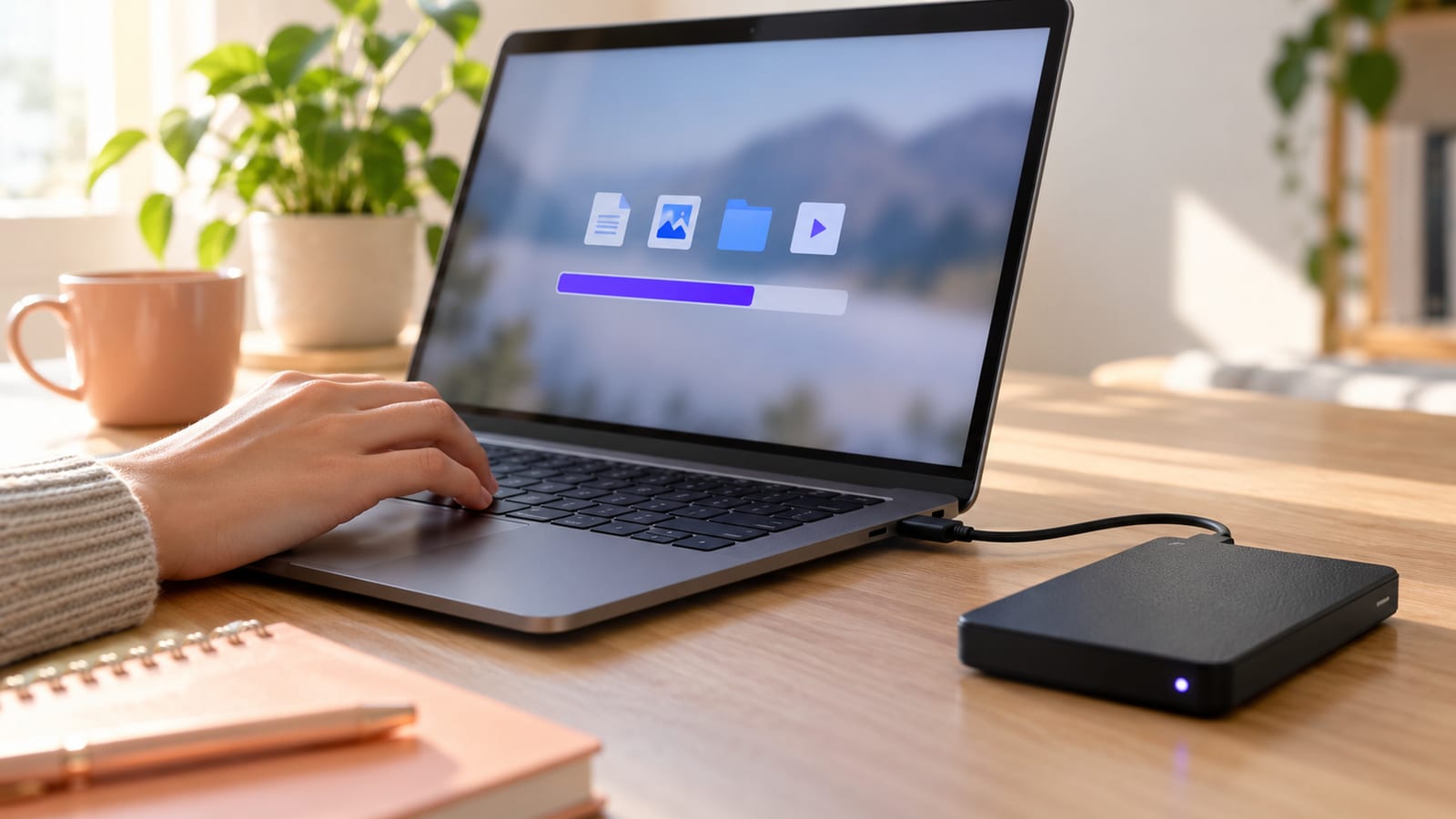 Foto de un disco duro externo conectado a una laptop sobre un escritorio, con una mano tocando el teclado y una pantalla desenfocada que muestra el avance de una copia de seguridad