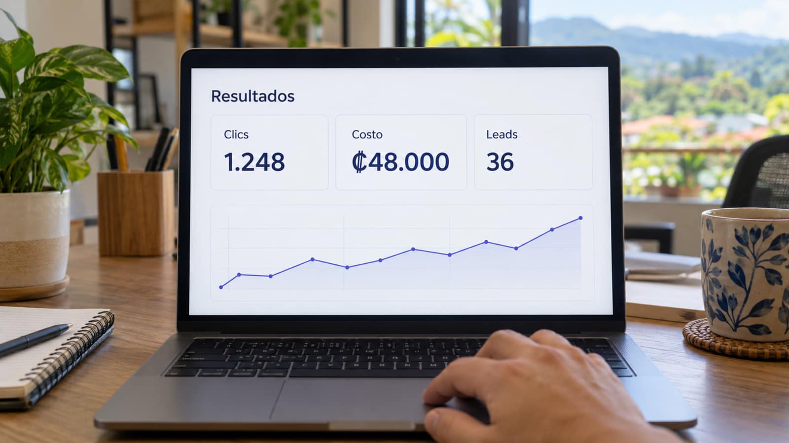 Foto de una pantalla con un panel de resultados de anuncios que muestra clics, costo y contactos de una campaña de un negocio costarricense
