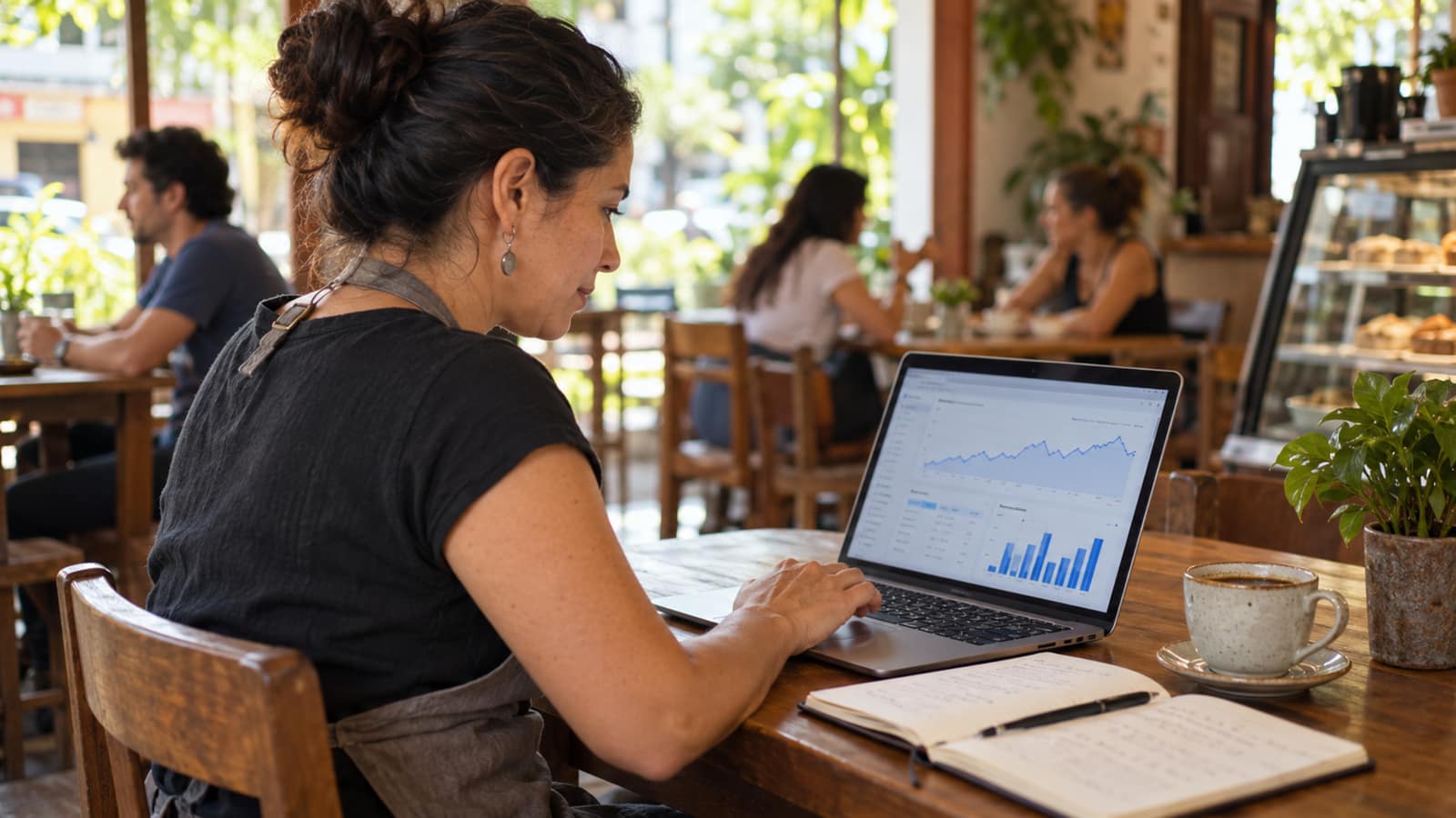 Foto de la dueña de una cafetería costarricense revisando en una laptop los resultados de sus anuncios y su sitio web