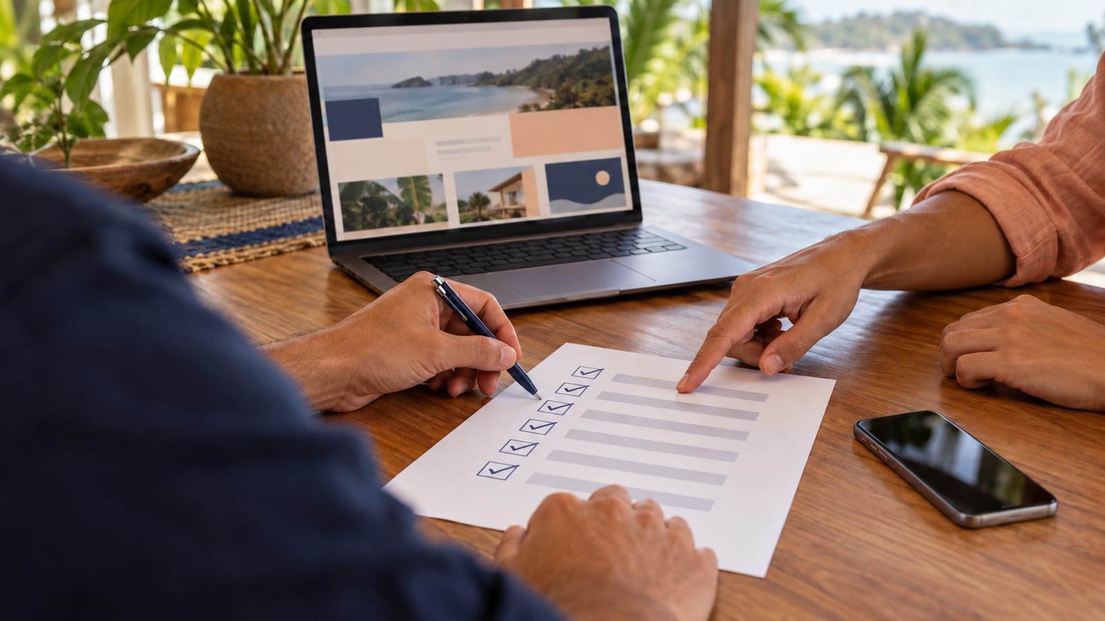 Foto de una reunión de trabajo con una laptop que muestra el diseño de un sitio web, una lista de verificación impresa y un celular