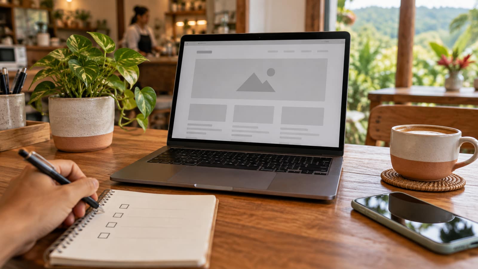 Photo of a desk with a laptop showing a website under construction, a notebook listing domain, hosting, design and content, and a phone beside it