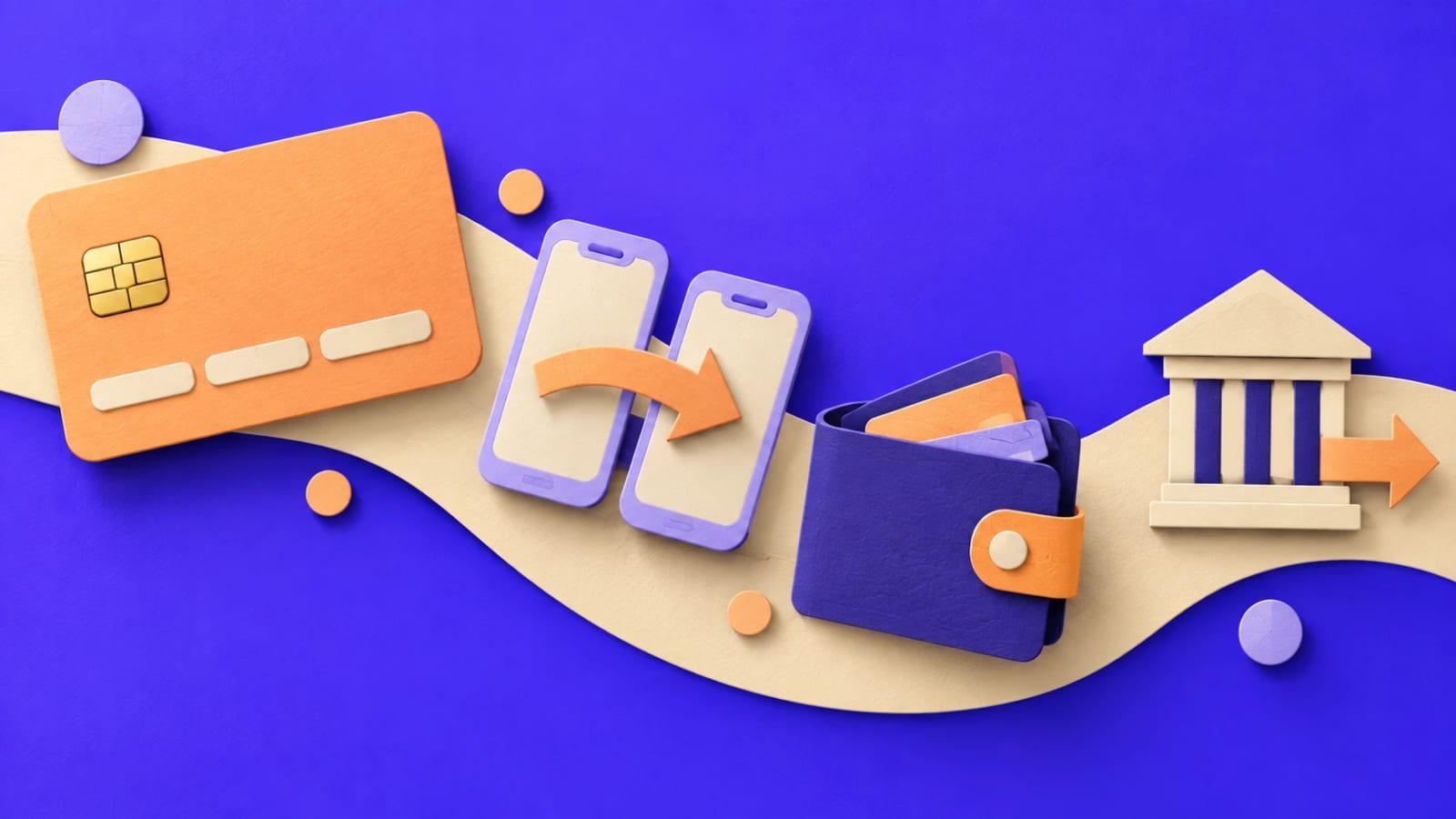 Illustration of the payment methods: card, SINPE between phones, wallet and bank