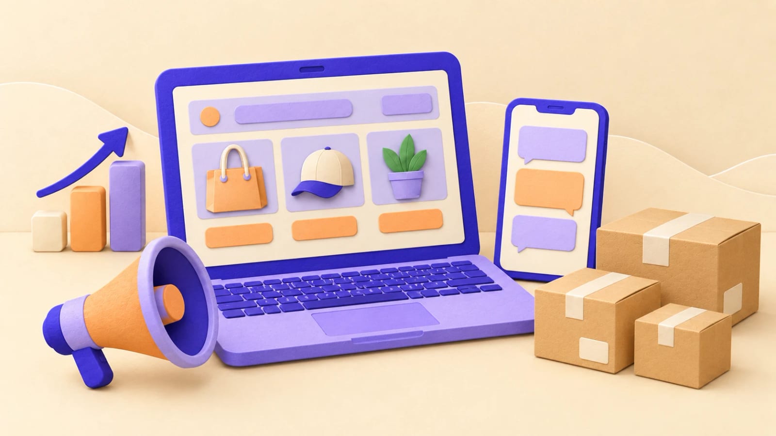 Illustration of a laptop with an online store, a phone with messages, a megaphone and boxes ready to ship