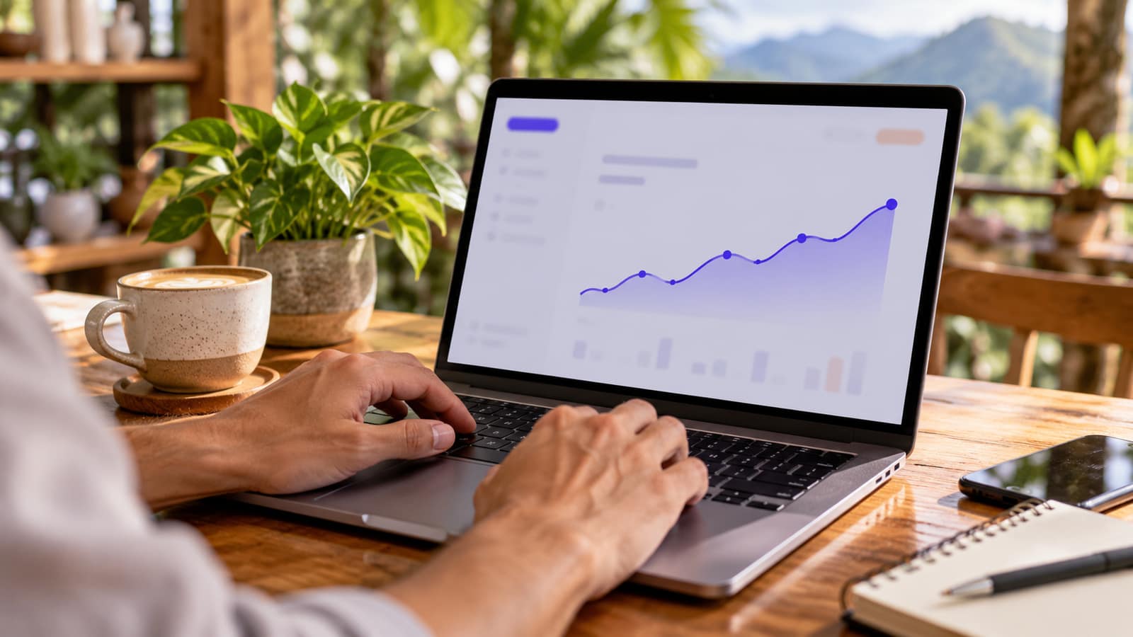 Photo of a business owner's hands checking a rising visits chart on a laptop, with a cup of coffee and a plant on the desk